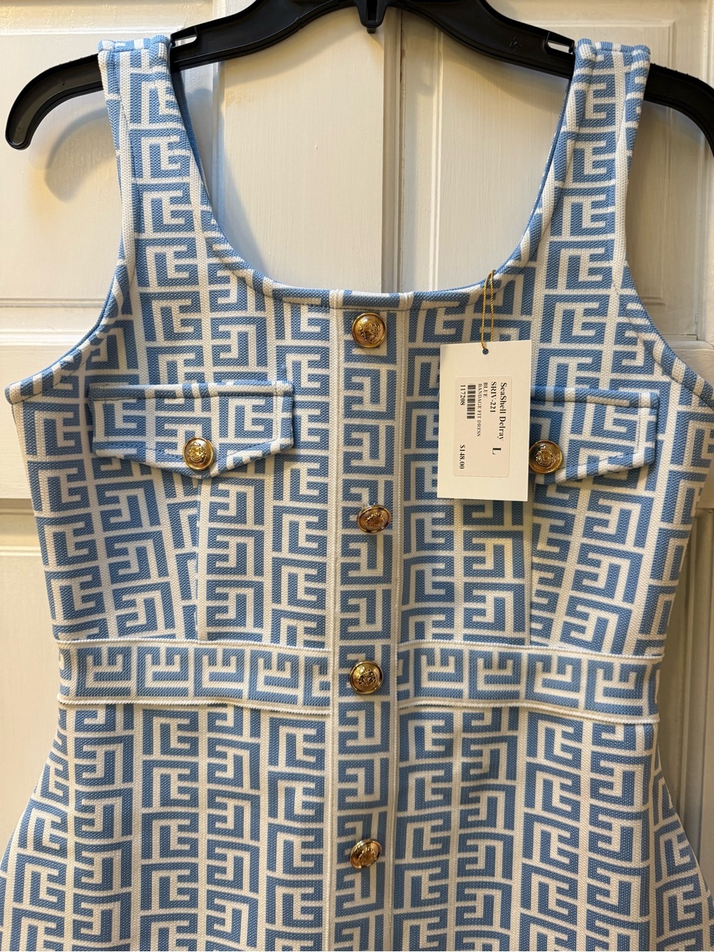 Blue Geometric Knit Dress with Gold Buttons